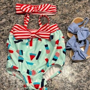Cat & Jack Red and White Striped Baby Swimsuit and sandals